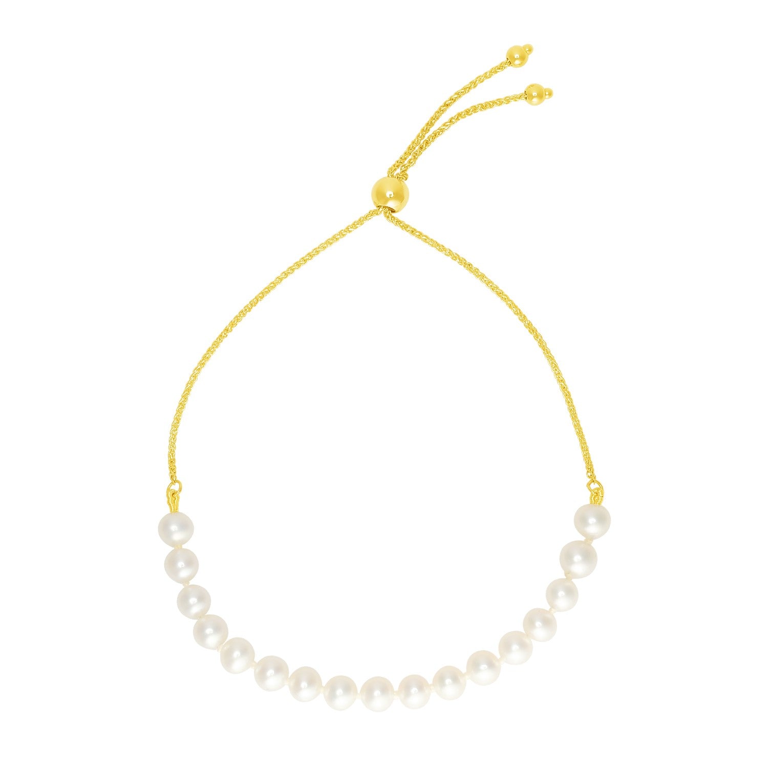 14k Yellow Gold Adjustable Friendship Bracelet with Pearls in a sleek high-contrast midnight luxury editorial style